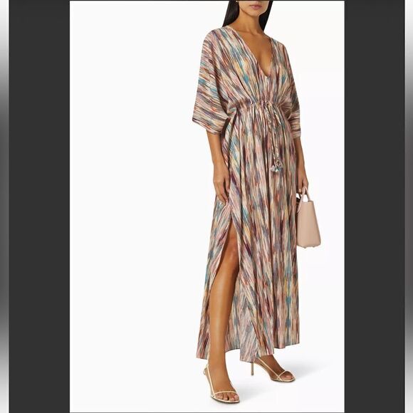 Misa Los Angeles Rena Kaftan Dress Cotton-blend abstract print gather tie maxi - Picture 2 of 13